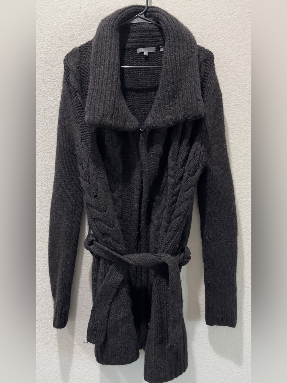 Vince Black Wool Cable-Knit Shawl Collar Belted Cardigan